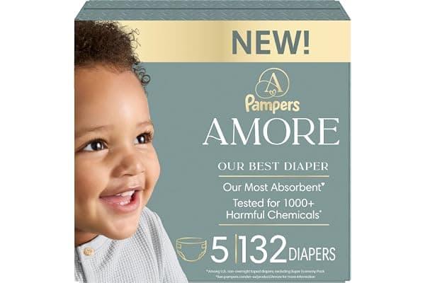 Pregnancy Hack: Pampers Amore, Size 5 (20-37 lbs), 132 Count, Our Best Diaper – Hypoallergenic & Fragrance Free, Up to 100% Leakproof, Soft as Cashmere
