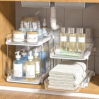 We Are Obsessed With This: Delamu 2-Tier Multi-Purpose Bathroom Under Sink Organizers and Storage, Stackable Kitchen Pantry Organization, Pull Out Medicine Cabinet Organizer with Movable Dividers, White, 2 Pack