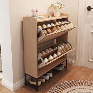 Mom's Pick of the Week: AVZEAR Narrow Shoe Storage Cabinet for Entryway with 2 Flip Drawers,Natural | Freestanding Narrow Shoe Cabinet with Natural Linen Panel, Slim Wood Shoe Organizer Closed Shoe Rack for Hallway, Foyer