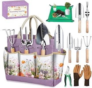 Baby Shower Gift Idea: Gardening Tools 9 Pcs Garden Tool Set Stainless Steel Purple Tote Bag Gifts | 9-Piece Gardening Gifts, Rust-Proof Stainless Steel, Ergonomic Wooden Handles, Mess-Free Repotting Mat, Garden Hand Tools
